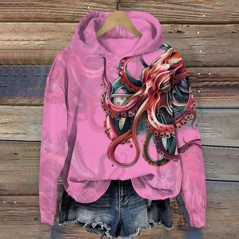 Japanese Vintage Octopus Print Long Sleeve Hoodie - Light Purple - US44-46(8XL) - image 4