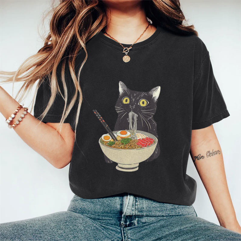 100% Cotton Ramen Cat T-shirt - Black - 2XL - image 2
