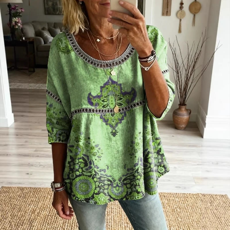 Boho Ethnic Totem Print Openwork Lace Splicing Round Neck Half Sleeve Blouse - Green - 4XL - image 8