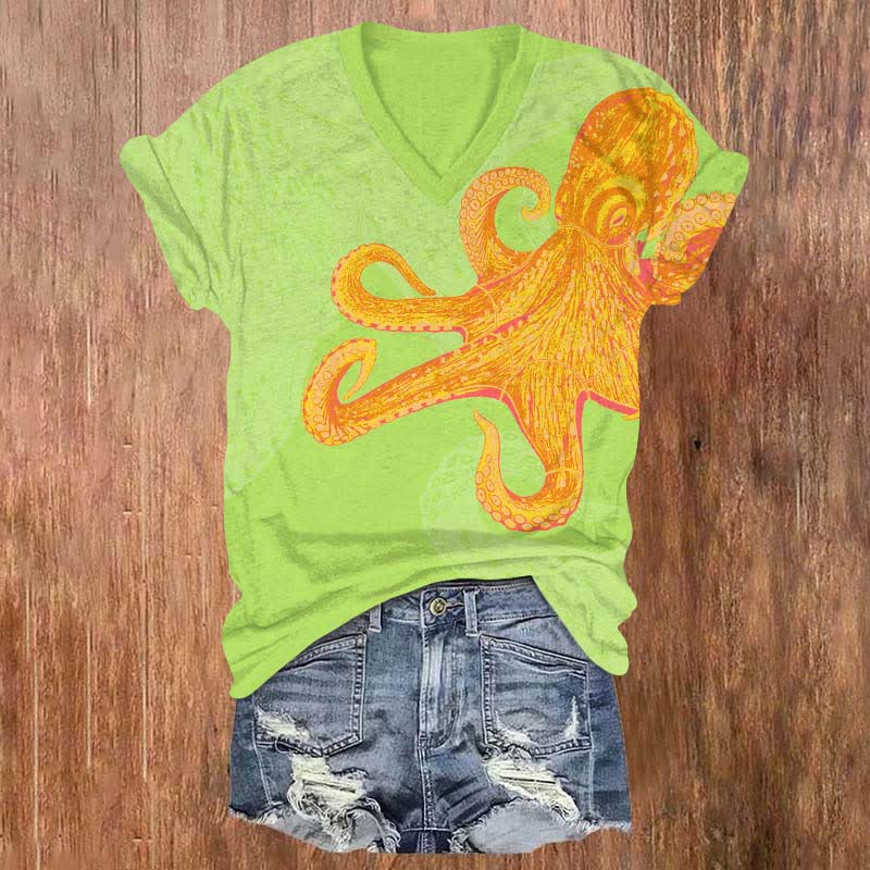 Creative Crayon Painting Octopus Art Print V-neck T-shirt - Green - US32-34(5XL) - image 3