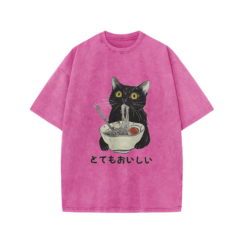Unisex 100% Cotton Cats Eat Ramen Noodles Vintage Print Acid Washed T-shirt - Pink - 3XL - image 8