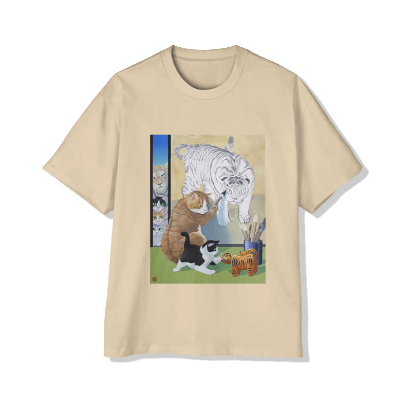 Unisex Cat And White Tiger Whimsical Art Print Short Sleeved Crew Neck T-Shirt - Apricot - 2XL - image 4