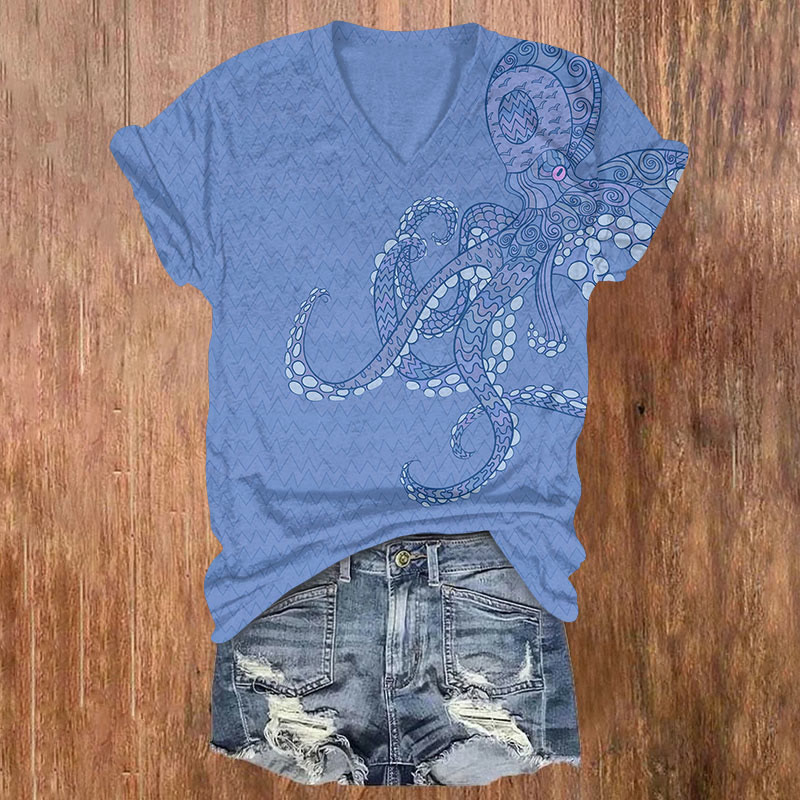 Octpus Print V-neck T-shirt - Blue - Blue - image 4