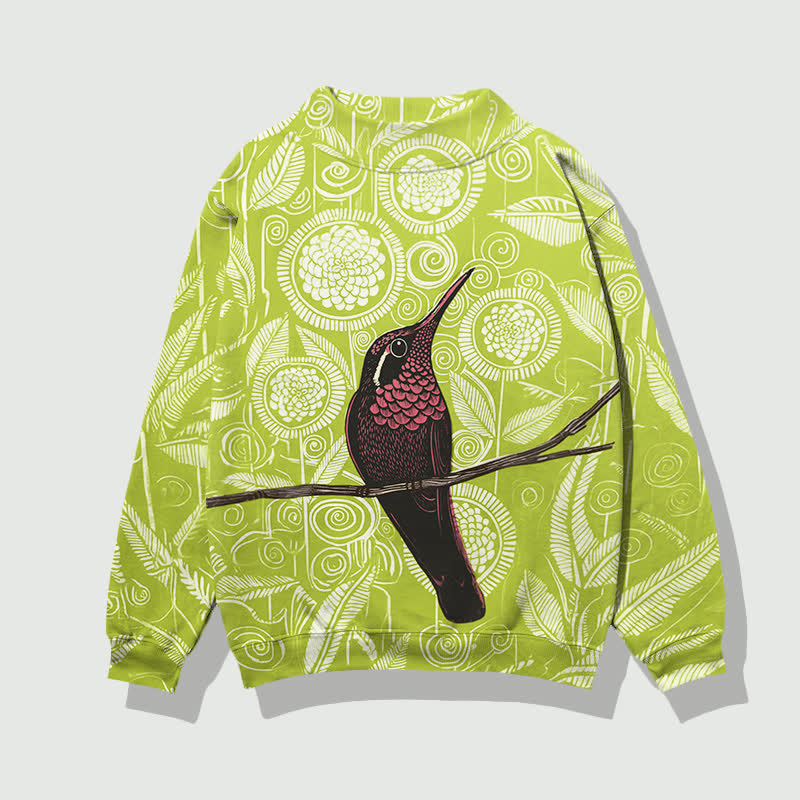 Vintage Geometric Flowers And Birds Pattern Print Mock Neck Sweatshirt - Light Green - 4XL - image 6