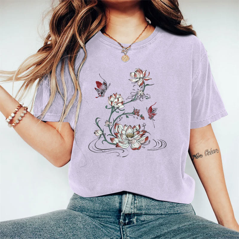 100% Cotton Women's Japanese Lovely Lotus & Butterfly Art Print Casual T-shirt - Pink - 2XL - image 3