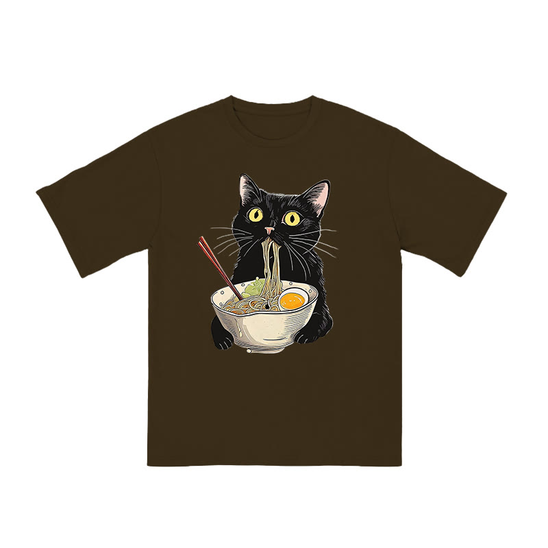 Unisex 100% Cotton Cat Eating Ramen Print T-shirt - Coffee - US20-22(3XL) - image 5