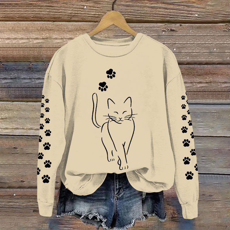 Funny Cat And Footprints Casual Crew Neck Sweatshirt - Apricot - 5XL - image 3