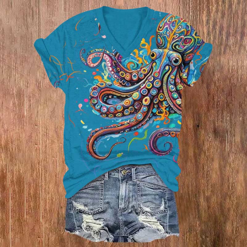 100% Cotton Vintage Rainbow Octopus Art Print V-neck T-shirt - Lake Blue - 5XL - image 7