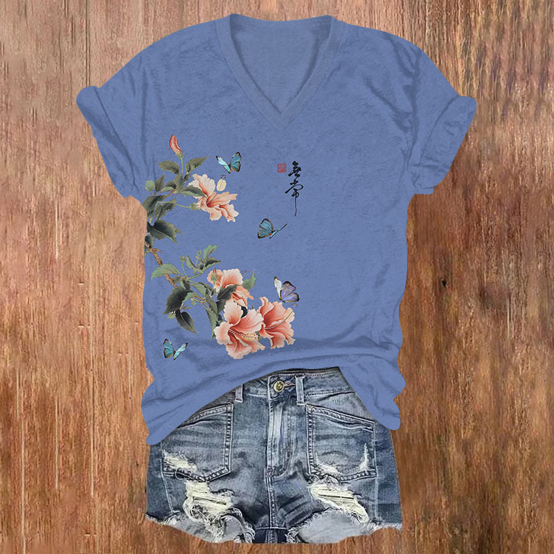 Japanese Spring Floral & Butterfly Art T-shirt - Blue - US32-34(5XL) - image 3