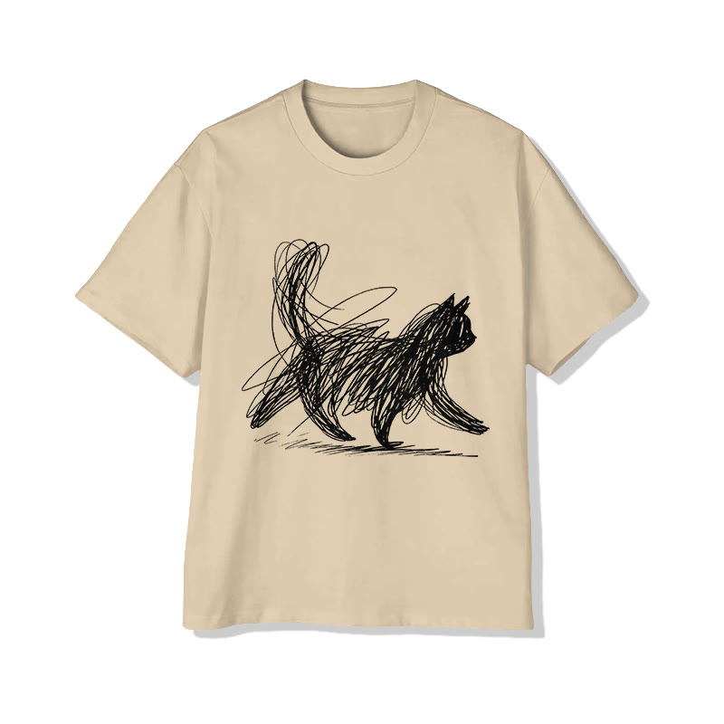 Unisex Black Line Doodle Cat Print Short Sleeved Crew Neck T-shirt - Apricot - 2XL - image 4