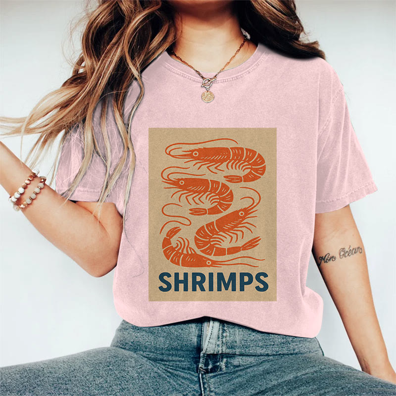 100% Cotton Women's  Japanese Shrimps  Art Print Casual T-shirt - Pink - 2XL - image 7