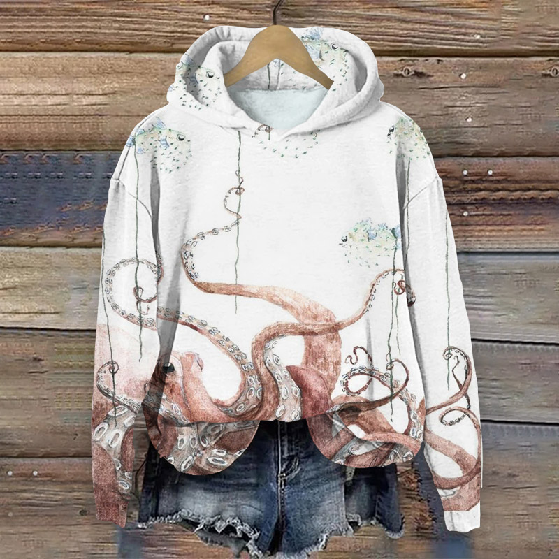 Japanese Style Octopus And Fish Print  Long Sleeve Hoodie - White - 8XL - image 1