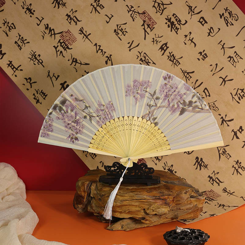 Women Ancient Style Vintage Floral Folding Fan - Light Purple - image 3