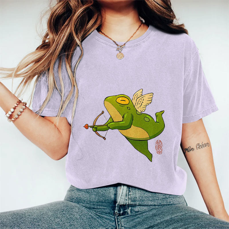 100% Cotton Funny Frog Cupid Art Print Casual T-shirt - Purple - 2XL - image 9