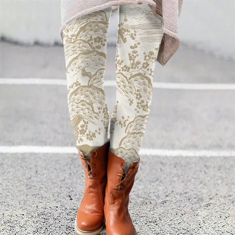 Women's Japanese Art Plum Blossom Art Print Leggings - White - 5XL - image 4