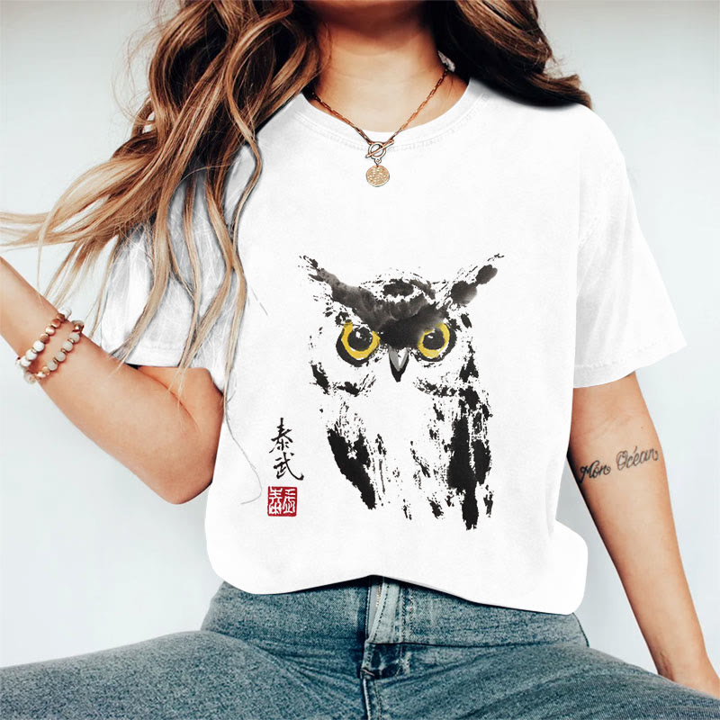 100% Cotton Women's Owl Art Print Casual T-Shirt - White - 2XL - image 3