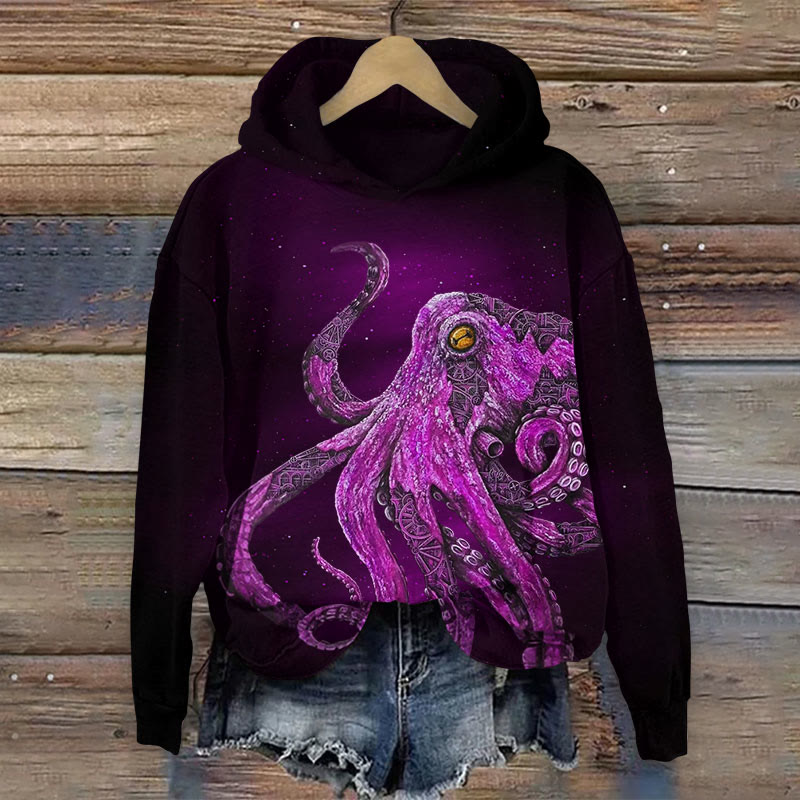 Vintage Octopus Art Print Long Sleeve Hoodie - Purple - US44-46(8XL) - image 2