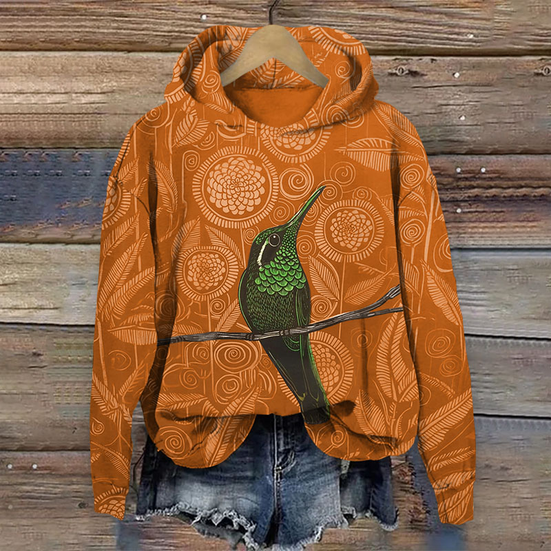 Vintage Geometric Flowers And Birds Pattern Print Long Sleeved Hoodie - Orange - US44-46(8XL) - image 6