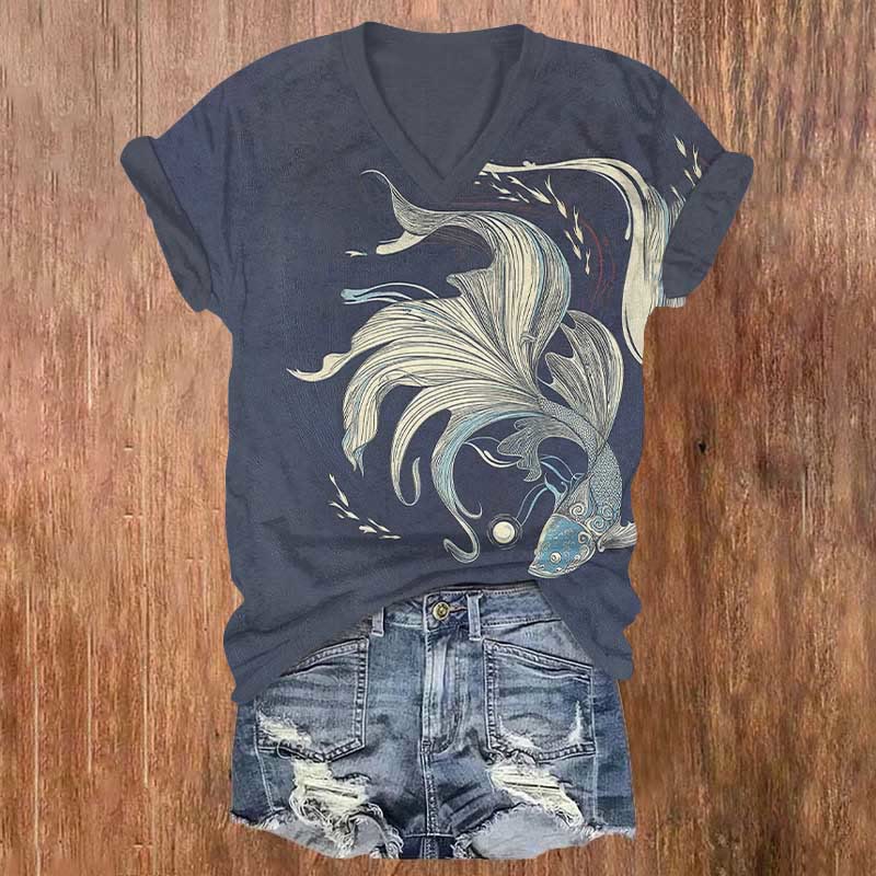 Flowing Goldfish Design Art Print V-neck T-shirt - Dark Blue - US32-34(5XL) - image 4