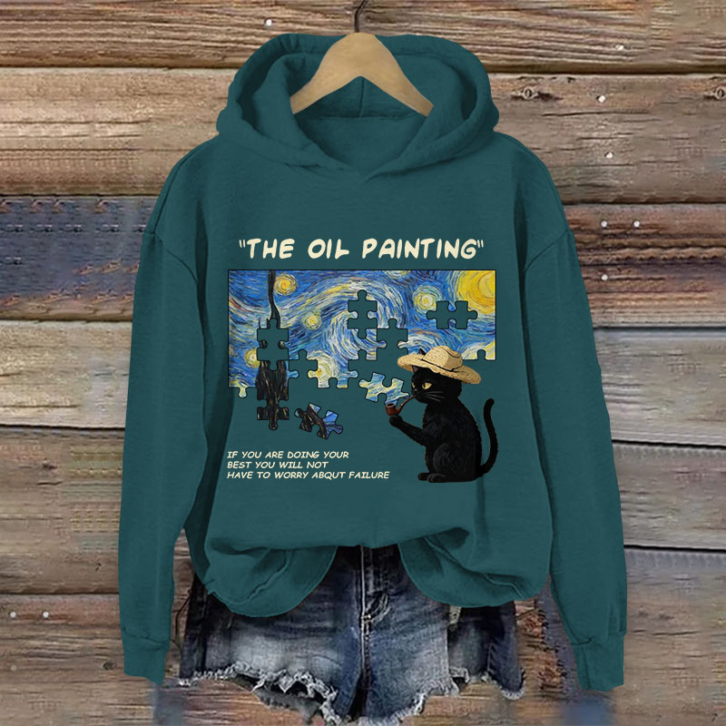 Oil Painting Black Cat Playing Puzzle Pattern Art Print Long Sleeve Hoodie - Green - US44-46(8XL) - image 4