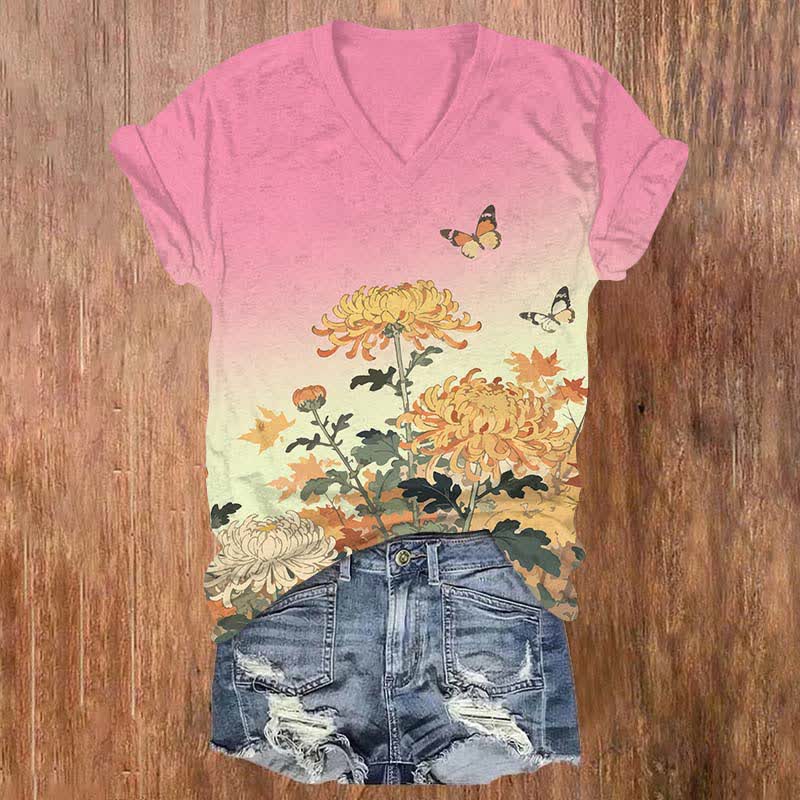 Japanese Lovely Chrysanthemum & Butterfly Art Print V-neck T-shirt - Pink - US32-34(5XL) - image 6