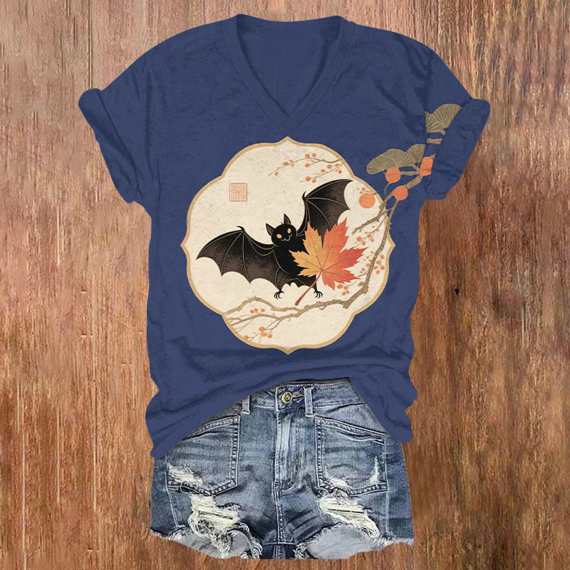 Halloween Bat On Maple Tree Branch Print V-neck T-shirt - Blue - US32-34(5XL) - image 2