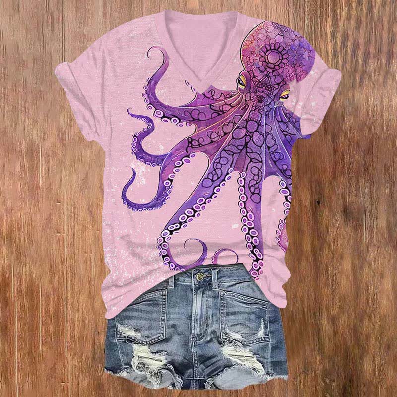 Vintage Dangerous Blue-ringed Octopus Print V-neck T-shirt - Light Purple - US32-34(5XL) - image 5