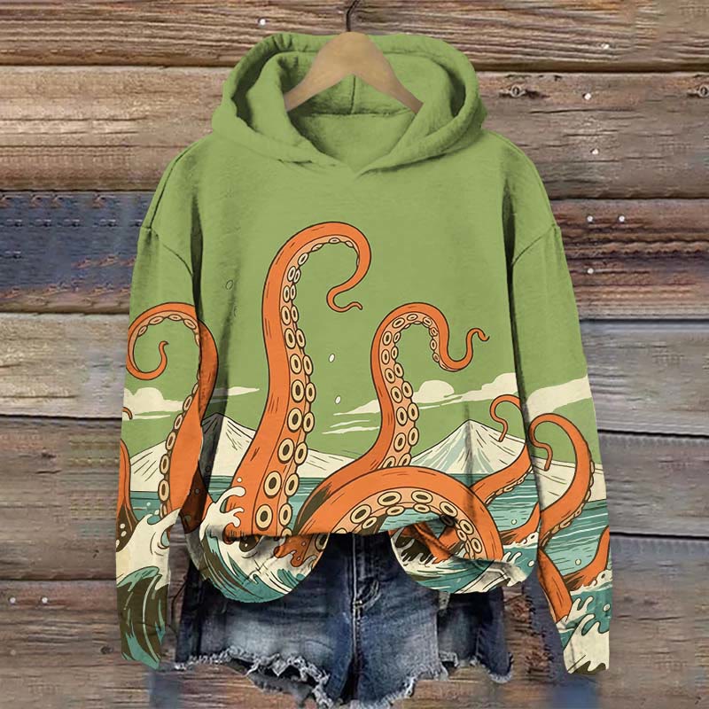 Japanese Cartoon Ocean Octopus Tentacles Print Long Sleeve Hoodie - Green - US44-46(8XL) - image 4