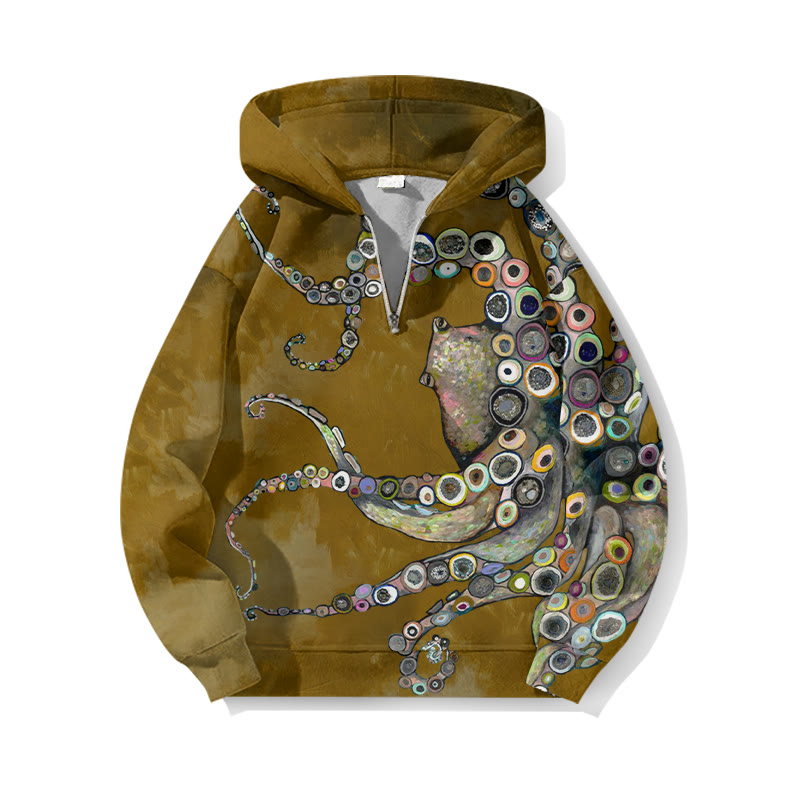 Colorful Octopus Oil Painting Print Half Zip Hoodie - Yellow - US32-34(5XL) - image 6