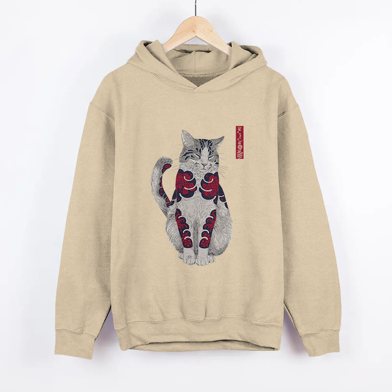 Unisex Japanese Cat Pattern Long Sleeved Hoodie - Apricot - US44-46(8XL) - image 3