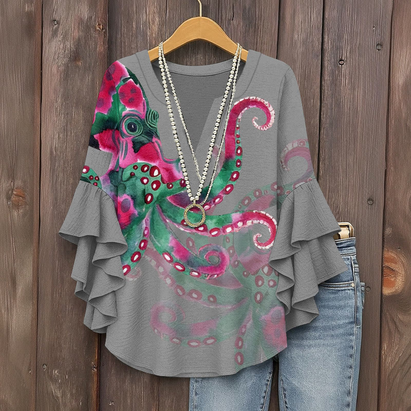 Watercolor Art Octopus Pattern Print V-neck Half Sleeve Blouse - Light Gray - 5XL - image 5
