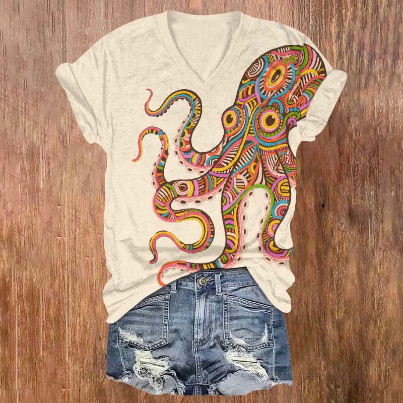 Rainbow Striped Octopus Art Print V-neck T-shirt - Beige - US32-34(5XL) - image 6