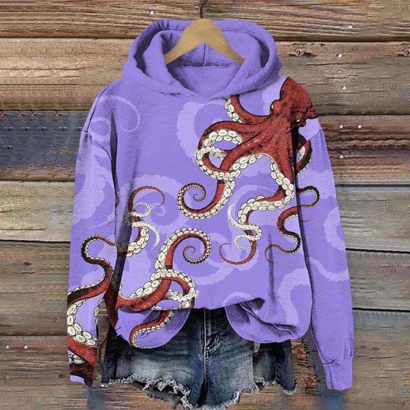 Vintage Red Octopus Art Print Long Sleeve Hoodie - Purple - US44-46(8XL) - image 2