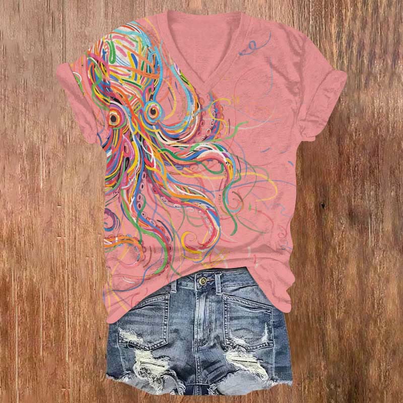 Print V-neck T-shirt - Pink - US32-34(5XL) - image 4