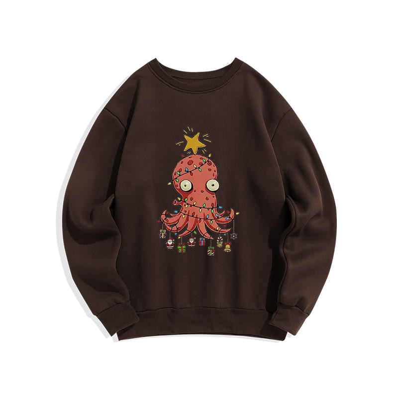 Christmas Funny Octopus Art Print Crew Neck Sweatshirt - Coffee - US16-18(2XL) - image 5