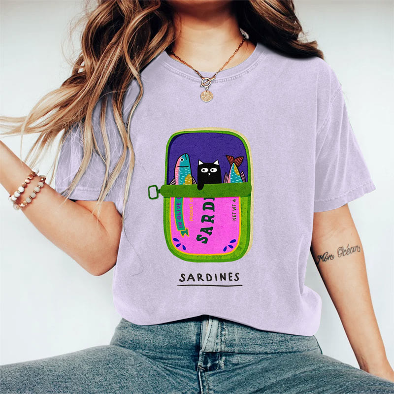 100% Cotton Women's Lovely Black Cat & Sardines Art Print Casual T-shirt - Purple - 2XL - image 9
