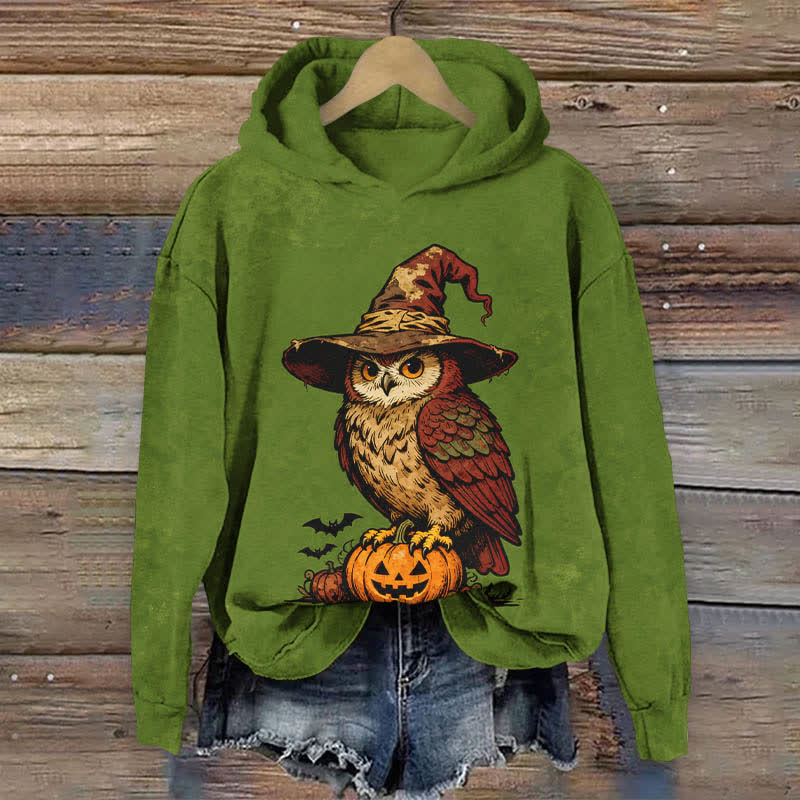 Halloween Wizard Owl Standing On A Pumpkin Print Long Sleeve Hoodie - Green - US44-46(8XL) - image 5