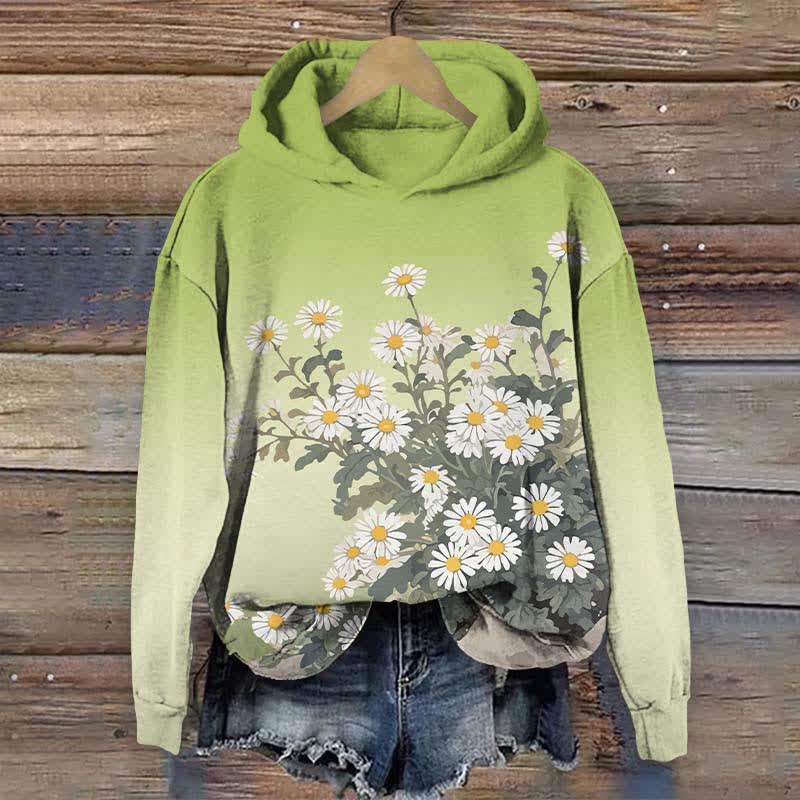 Japanese Lovely Daisy Art Print Long Sleeve Hoodie - Green - US44-46(8XL) - image 2