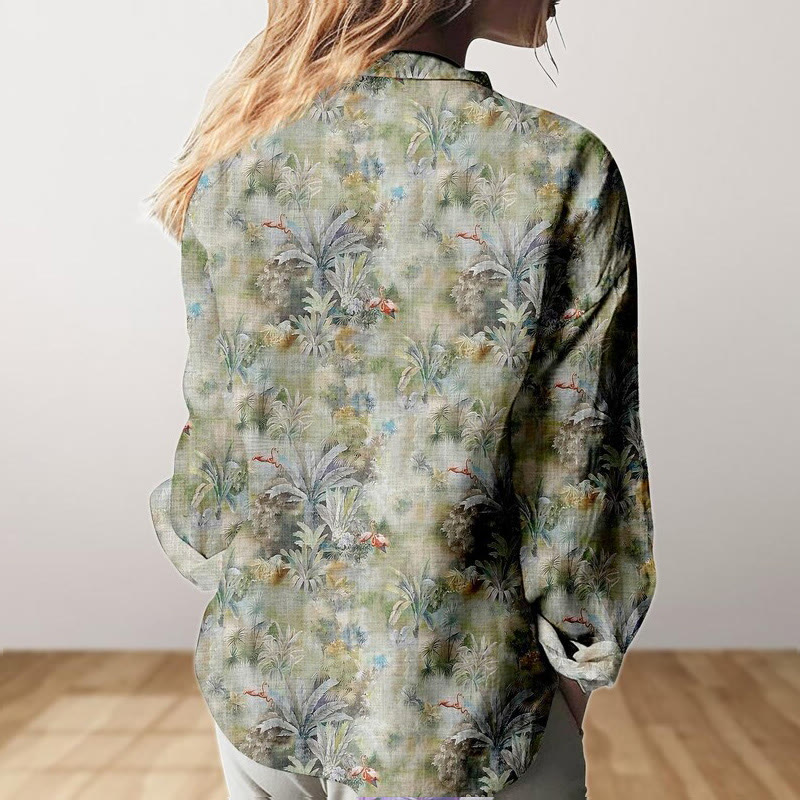 Retro Tropical Plant Print Long Sleeve Shirt - image 3