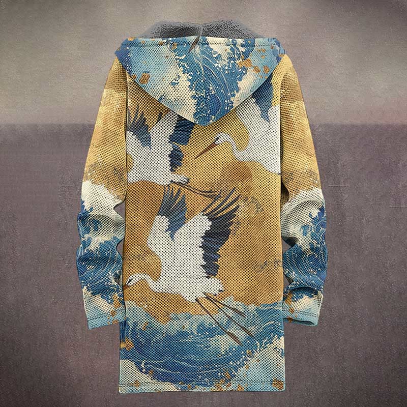 Japanese Retro Crane Flying Across Ocean Wave Print Unisex Plush Thick Long-sleeved Fleece Jacket Coat - image 4