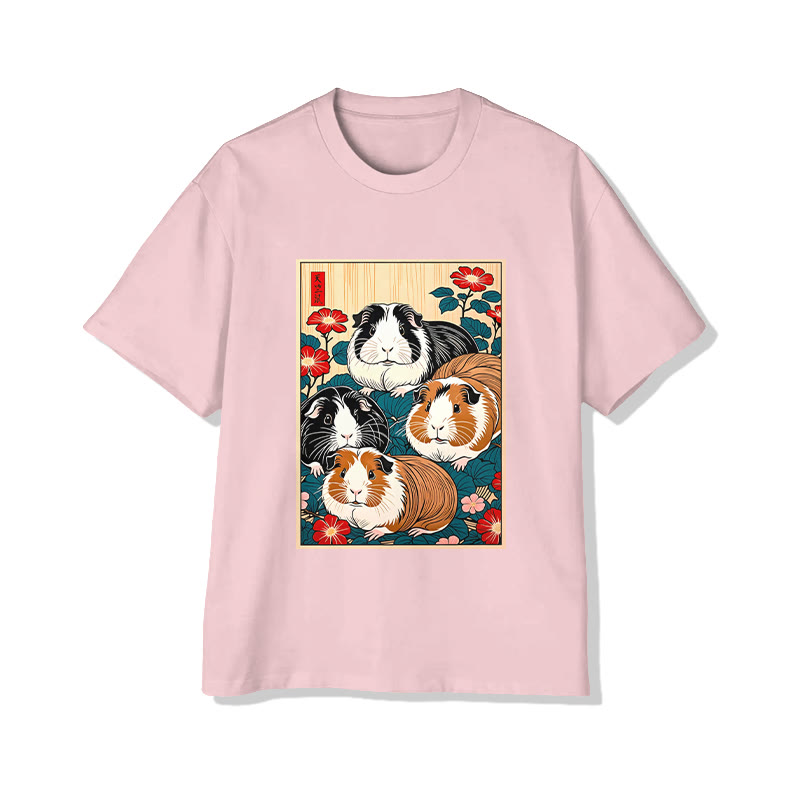 Unisex Japanese-style Guinea Pig Pattern Print Short Sleeved Crew Neck T-shirt - Pink - 2XL - image 5