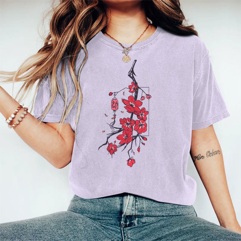 100% Cotton Women's Japanese Sakura & Lantern Art Print Casual T-shirt - Purple - 2XL - image 4