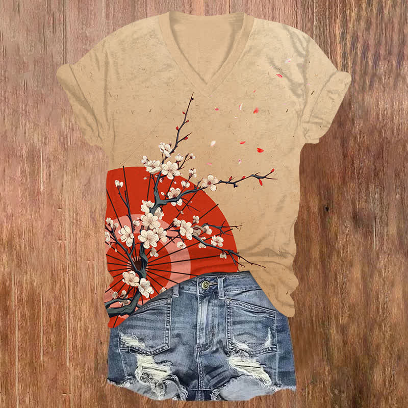 Japanese Vintage Sakura Umbrella Art Print V-neck T-shirt - Apricot - US32-34(5XL) - image 3