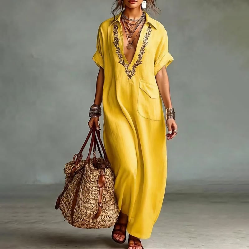 Elegant Solid Embroidered V-neck Pocket Lapel Short-sleeve Maxi Dress - Yellow - 3XL - image 6