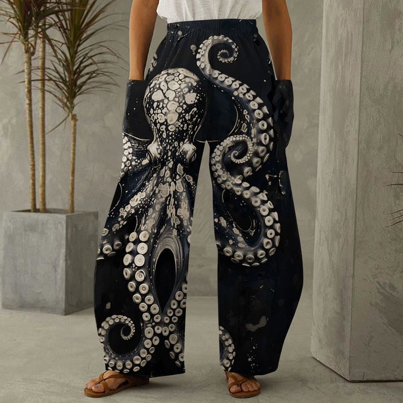 Vintage Octopus Art Print Casual Wide-leg Pants - Beige - 6XL - image 4