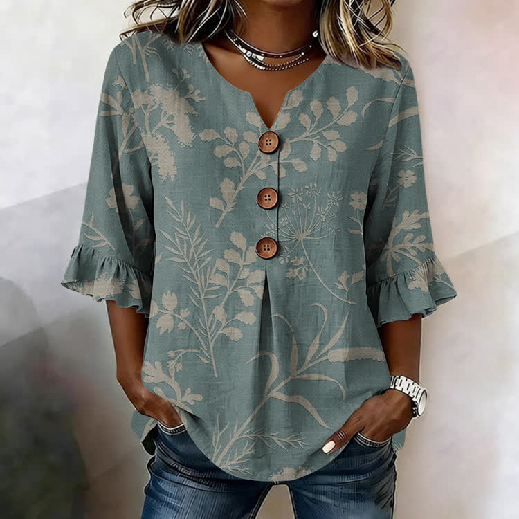 Wild Grass Silhouette Texture Pattern Print Button V-Neck Blouse With Ruffle Sleeves - Blue - US32-34(5XL) - image 3