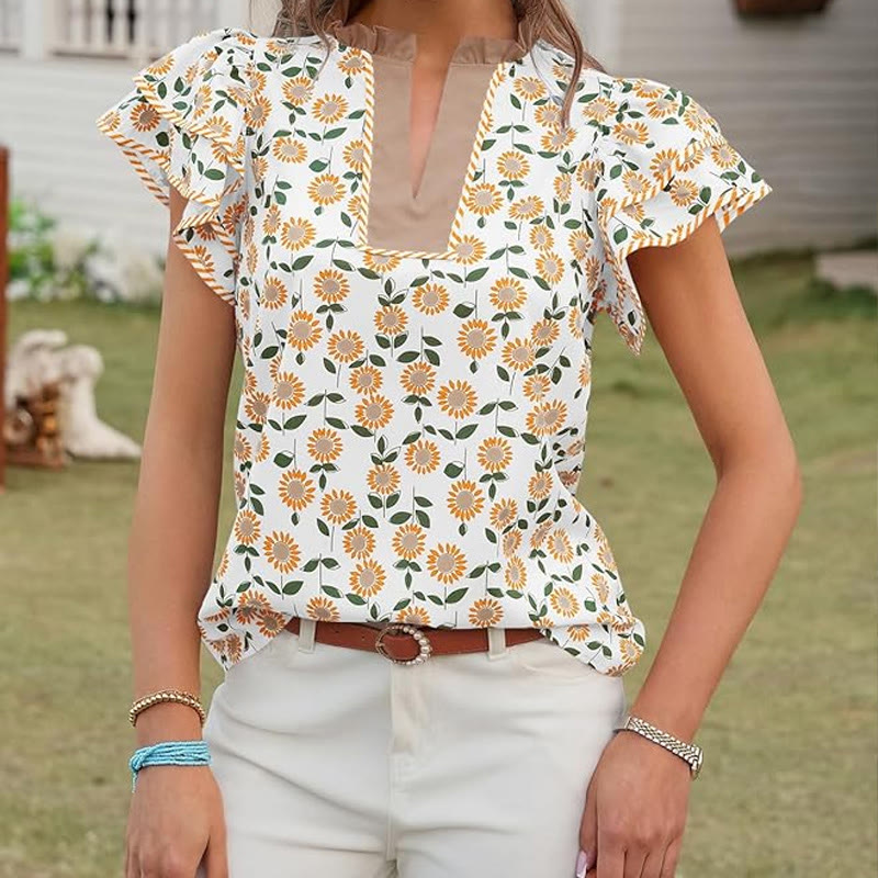 Pastoral Floral Print V-neck Ruffled-sleeve Babydoll Top - Khaki - US20-22(2XL) - image 3