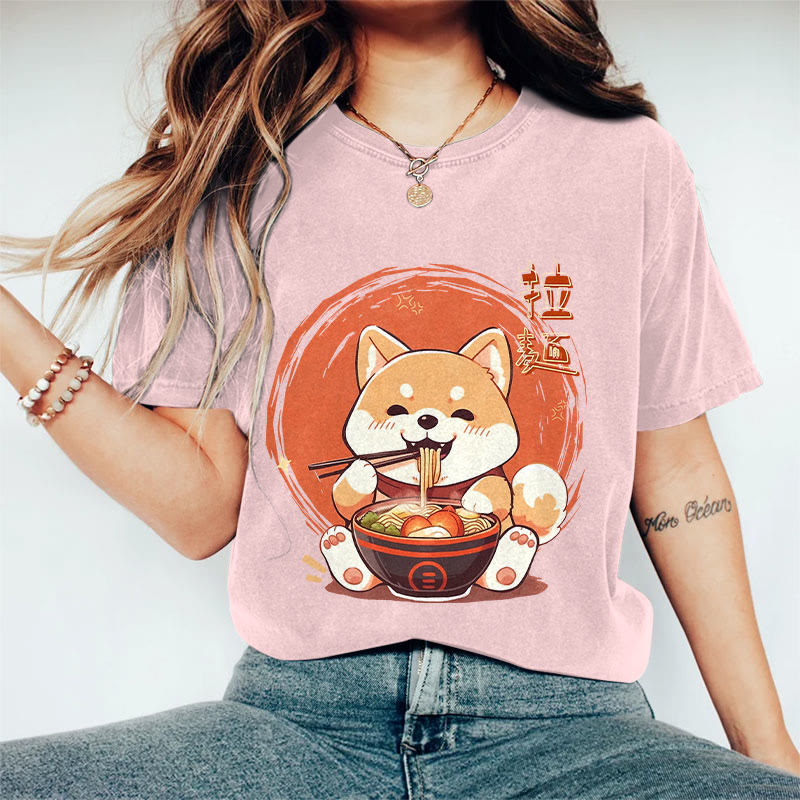 100% Cotton Women's Japanese Cat Eating Ramen Art Print Casual T-shirt - Pink - 2XL - image 7