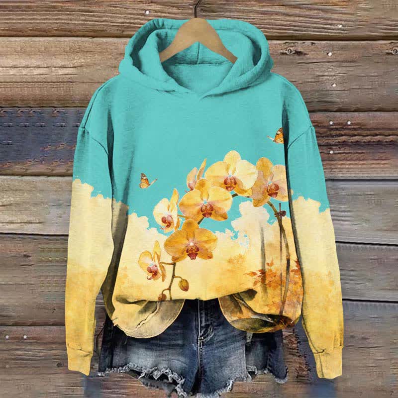 Vintage Yellow Phalaenopsis Art Print Long Sleeve Hoodie - Blue - US44-46(8XL) - image 5
