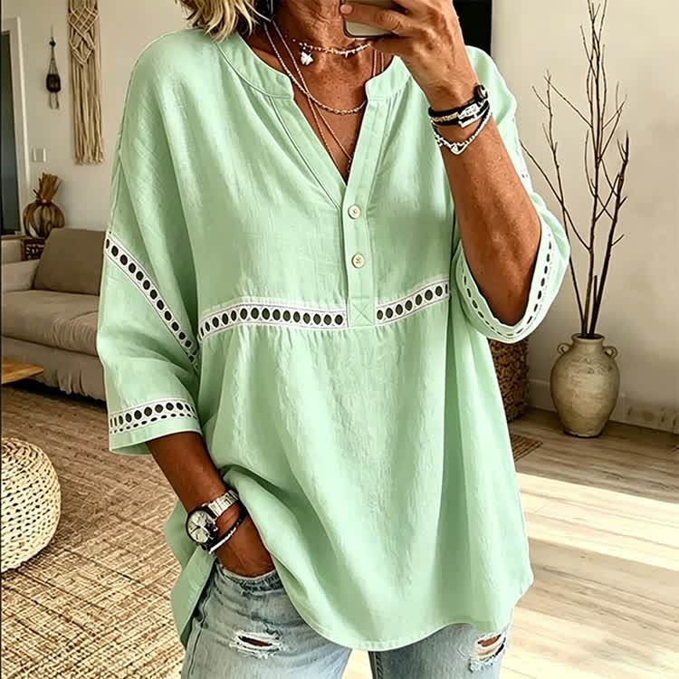 Elegant Solid Openwork Lace Splicing Henley Collar 3/4 Sleeve Blouse - Light Green - 3XL - image 5